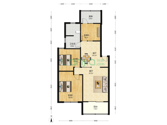 清馨园 3室2厅1卫 115平方