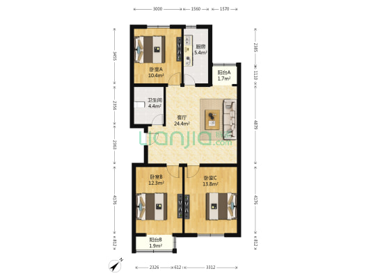 上奥世纪中心 3室1厅1卫 100平方