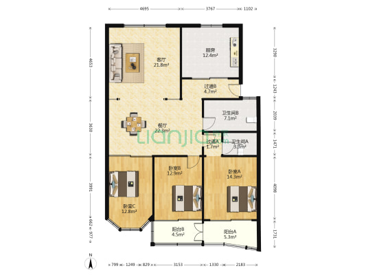九洲花苑 3室2厅2卫 139平方