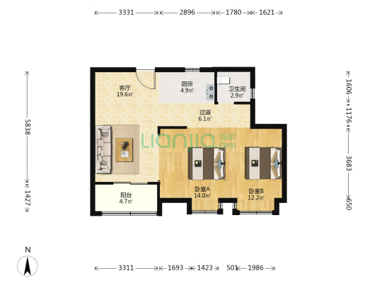 丁山华庭 2室1厅1卫 86平方