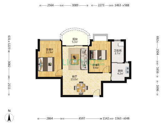 东山龙珠大厦 2室1厅1卫 71平方