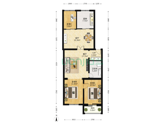 艺苑西街7号院 3室2厅1卫 106平方