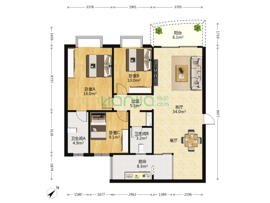 香百合花园 3室1厅2卫 114平方