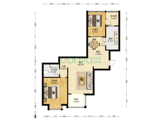 蔚蓝观园 2室2厅1卫 87平方
