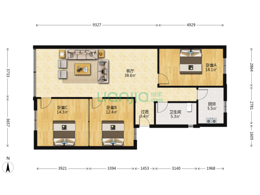 银洲公寓 3室1厅1卫 123平方