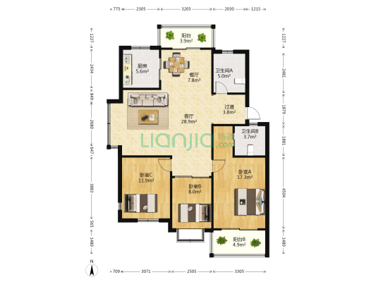 枫华园 3室2厅2卫 123平方