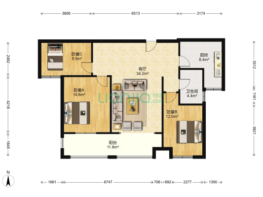 金域华府 3室1厅1卫 118平方