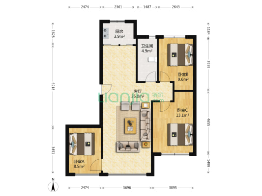 岭上风景 3室1厅1卫 80平方