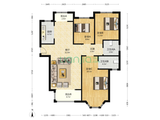 新田城湖光里 3室1厅2卫 129平方
