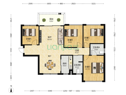 天健和府 4室1厅2卫 126平方