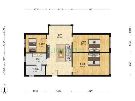 一环路南三段41号院 3室1厅1卫 81平方