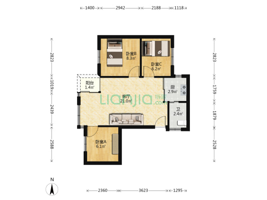 书院楼 3室1厅1卫 66平方
