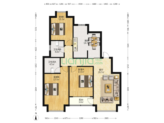红枫苑 3室1厅2卫 123平方