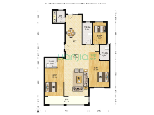 埃特银河翡翠 3室2厅2卫 150平方