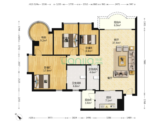 云景花园云枫苑 4室1厅2卫 126平方