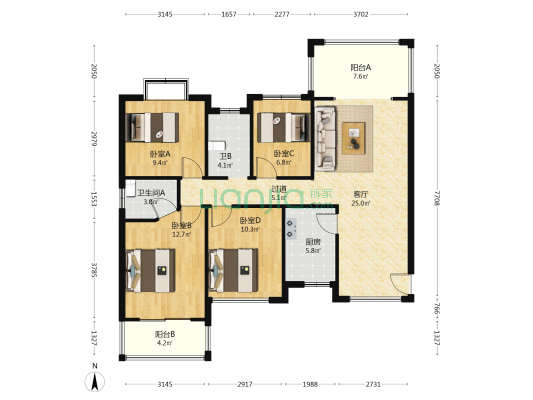 东方现代城南苑 4室1厅2卫 116平方