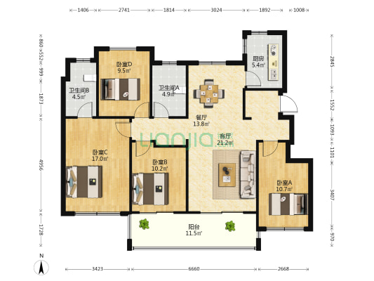 卓越玲珑湾一期 4室2厅2卫 128平方