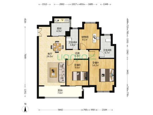 公元九里 2室1厅2卫 109平方