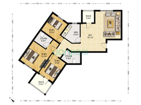 龙泽苑东区 3室1厅2卫 116平方