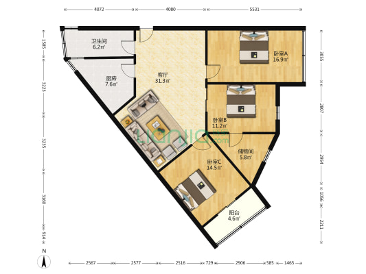 聚鑫公寓 3室1厅1卫 117平方