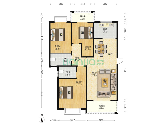 永福家园 3室1厅2卫 131平方