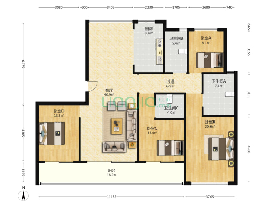 金昌香湖朗月 4室1厅3卫 178平方