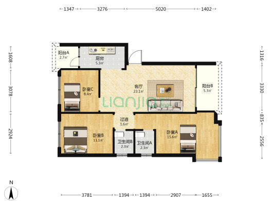 全富街 3室1厅2卫 91平方