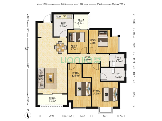 上悦天地云阔苑 4室1厅2卫 127平方