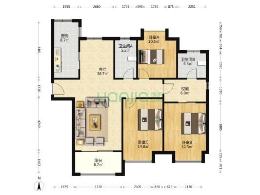 苏宁荣悦 3室1厅2卫 132平方