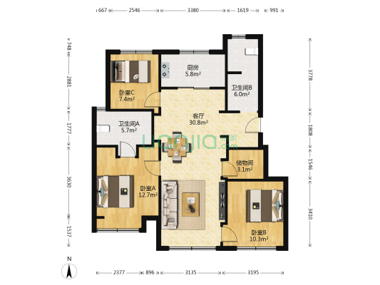 万科翡翠都会C区 3室1厅2卫 105平方