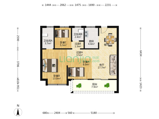 融杭府 3室1厅2卫 86平方