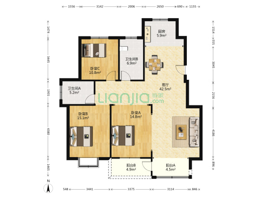 南新花苑 3室1厅2卫 138平方