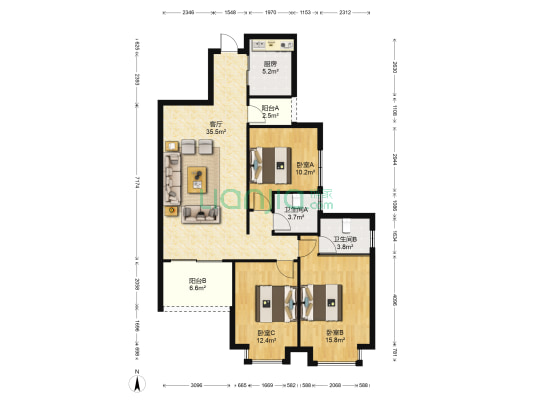 亚迪二村C区 3室1厅2卫 115平方