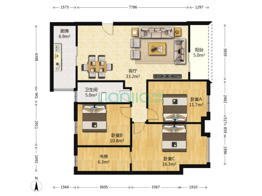 恒信阁 4室1厅1卫 120平方