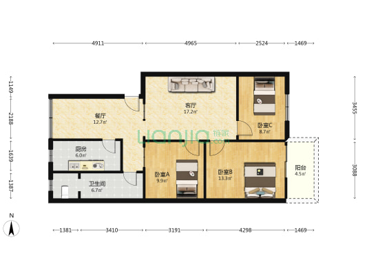 运输公司宿舍 3室2厅1卫 94平方