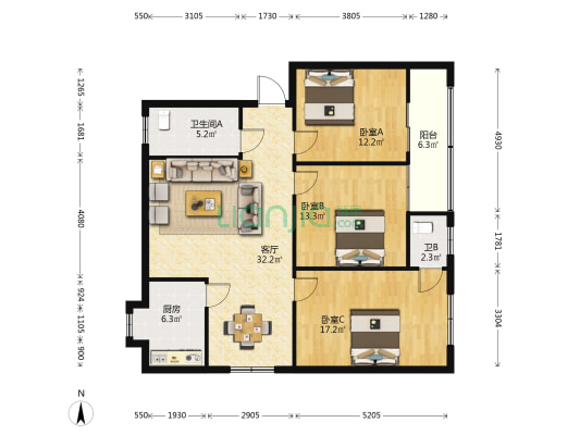 新城湾滨江花园C区 3室1厅2卫 114平方