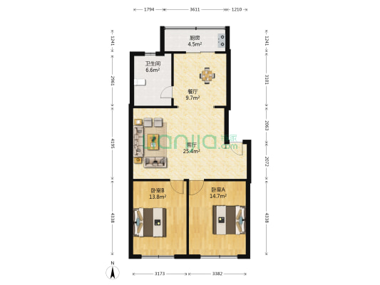 牌坊东里 2室2厅1卫 90平方
