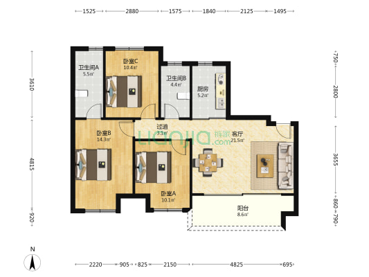 翡丽东方花园 3室1厅2卫 104平方