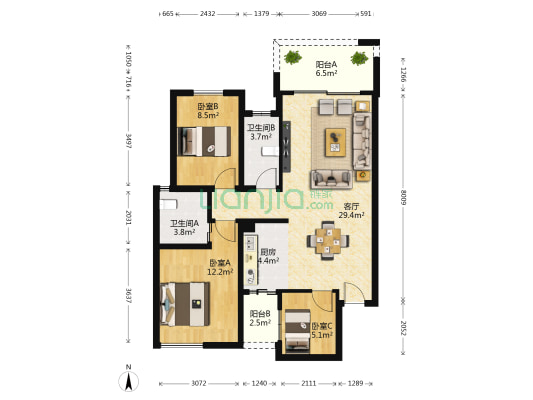 彰泰金桥水岸 3室1厅2卫 93平方