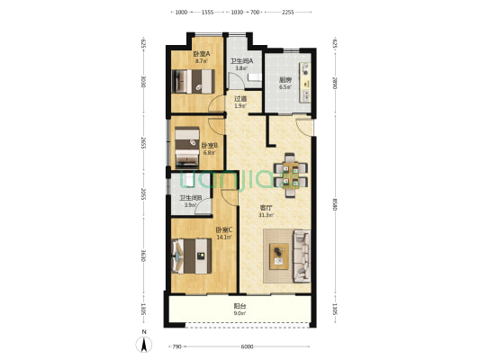 绿城华生桂语朝阳 3室1厅2卫 128平方