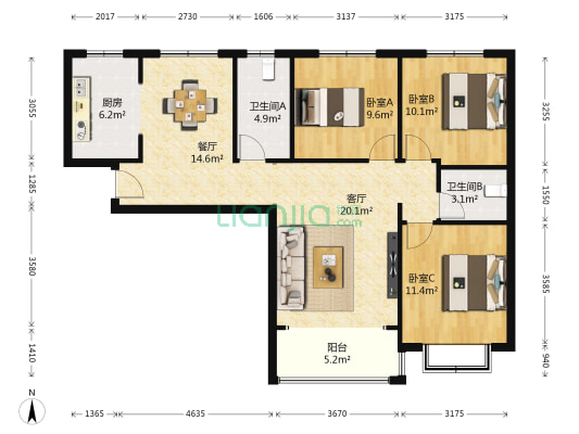 明雅苑 3室2厅2卫 124平方