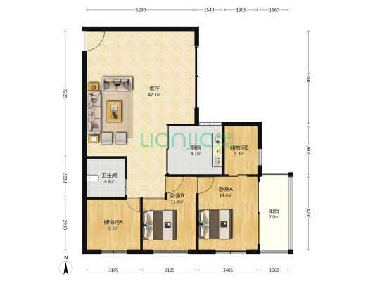 虞师里大厦 2室1厅1卫 140平方