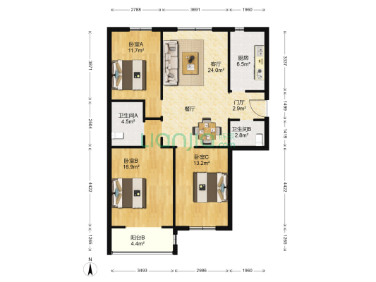 部西里嘉美广场 3室1厅2卫 132平方