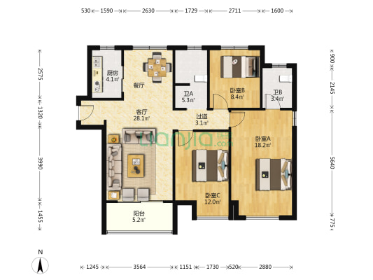 万科美景魅力之城紫云园 3室1厅2卫 115平方