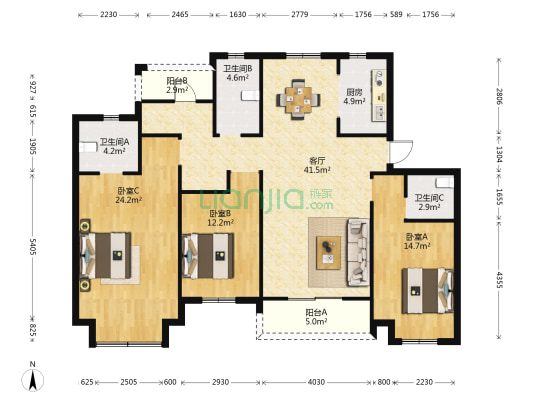 理想城市花园八期 3室1厅3卫 135平方