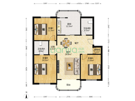 金榜世家（一至四期） 3室1厅2卫 117平方