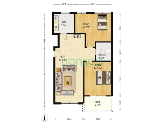 亚泰梧桐公馆 2室1厅1卫 88平方