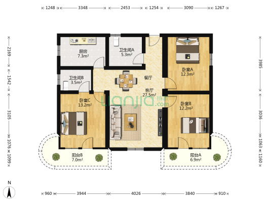 百果山小区 3室1厅2卫 122平方