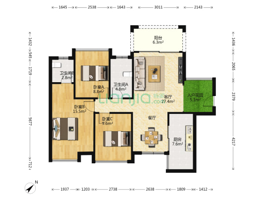 恒荣格拉斯堡 3室1厅2卫 105平方