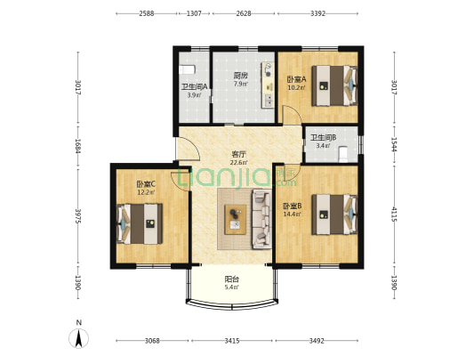 馨园小区 3室1厅2卫 97平方